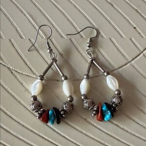 Silver-Tone Hoop Earrings with Turquoise, Red and White Beads